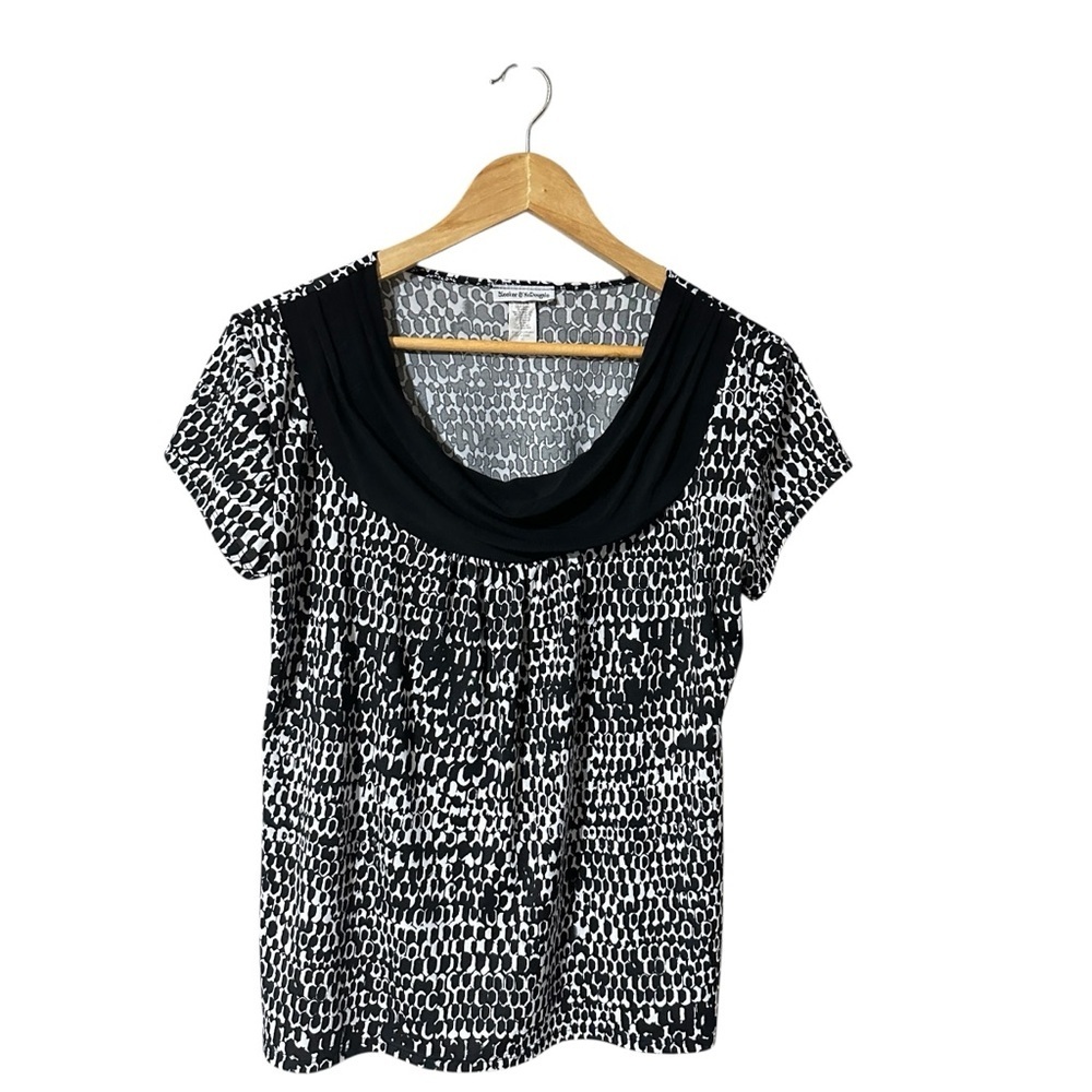Bleeker & McDougal Size L Black White Patterned Short Sleeve Blouse USA